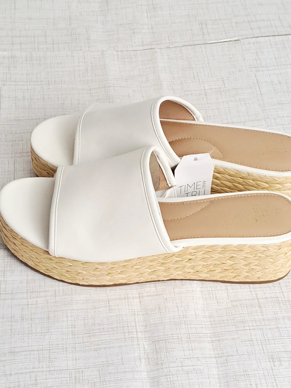 Time and Tru Women's Raffia Platform White Slide Sandals